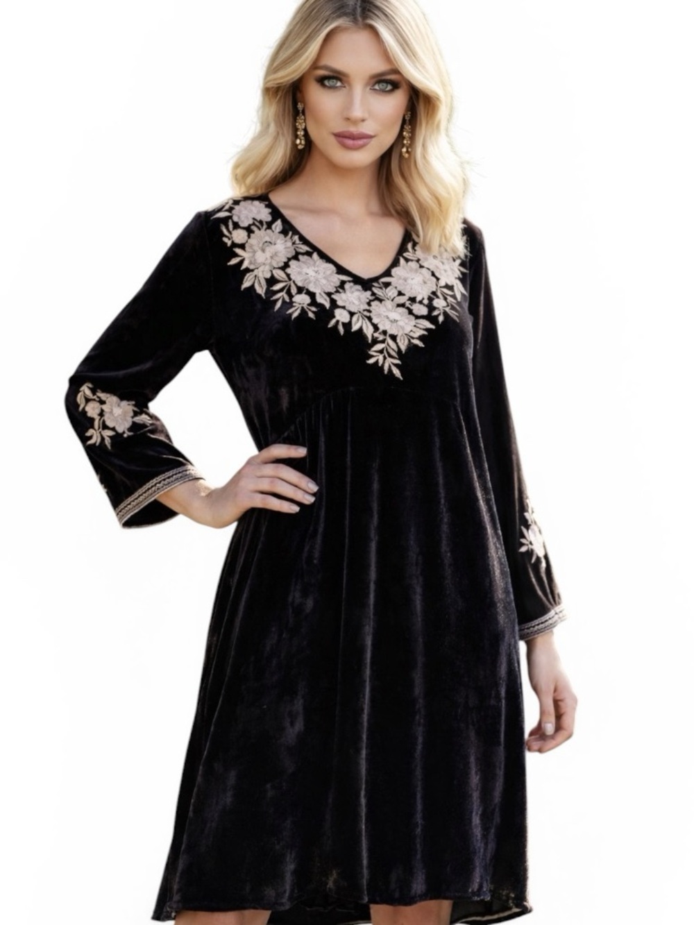 Johnny Was “Santal” heavily embroidered Silk-velvet mini dress NWT